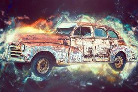 Beautiful drawing of the old, retro, colorful, rusty, broken car, on clipart