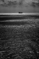 distant Cargo ship on sea, black and white