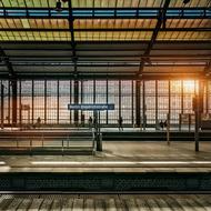 Beautiful railway station, at colorful sunset, in Berlin, Germany