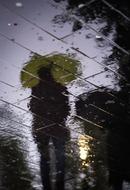 person beneath umbrella reflection on wet road