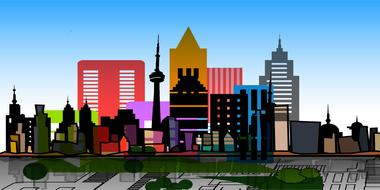 Colorful clipart with city with buildings and plants, at blue, gradient sky on background