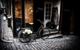 vintage bicycle as a flower stand near a cafe in stockholm