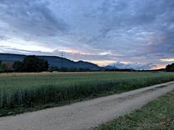 panorama of the road along the green field against the background of mountains
