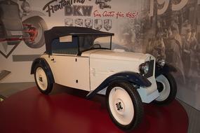 black and white retro car on display