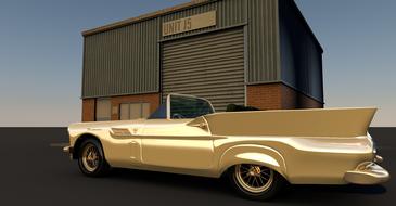 computer generated image of a golden Ford Thunderbird at the garage