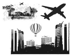 airplane and balloon flying over city drawing