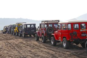 line of jeeps at Mount Bromo