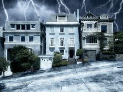 Houses along the road in San Francisco, California, USA, under thunderstorm