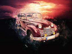 Beautiful, shiny, red, retro car, at colorful sunset, clipart