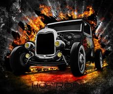 hot rod auto on fire as an illustration