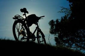 black silhouette of a bicycle on a hill in the forest