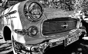 front of classic car, black and white