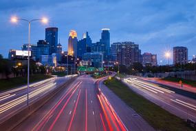 Landscape of the Minneapolis, with the colorful lights in motion, at the night