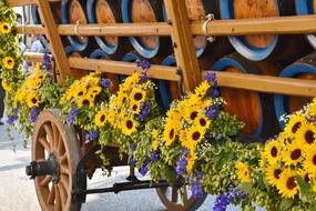 beer barrels on a wooden cart with colorful flowers
