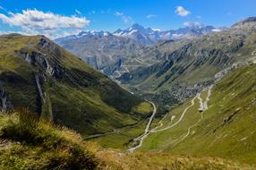 Beautiful landscape of the green Alpine Gotthard Pass in Switzerland