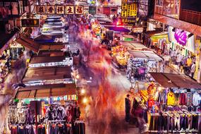 Colorful and beautiful painting with the people on the shopping street, with the colorful lights