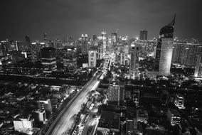 Black and white photo of the beautiful city with lights, at the night