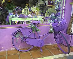 Violet bike, with the plants, near the colorful shop, with the decorations