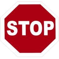 Red and white "STOP" shield sign, at white background, on clipart