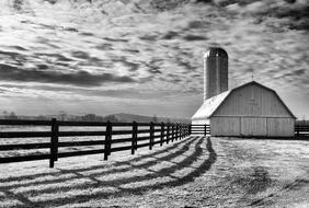 Black and white landscape with the barn, among the fields, with the fence, at trees on background, under the cloudy sky