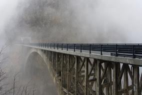 thick fog over the bridge in winter