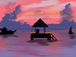 landscape of boat on ocean at sunset artwork