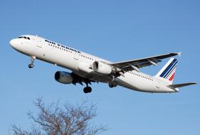 white plane takes off into the blue sky