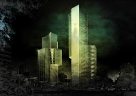 digital art, futuristic skyscrapers in the dark