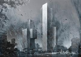 digital art, view of skyscrapers through a wet window