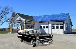 Model of the vintage, black and white car, near the old gas station, near the colorful field, clipart