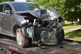 Grey, shiny car after the crash, near the green plants in light