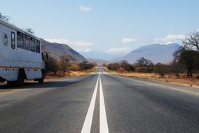 Beautiful landscape with the bus on the road among the beautiful nature with trees