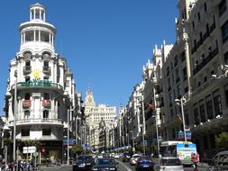 Beautiful landscape with the Gran VÃ­a, at blue sky on background, in Madrid, Spain