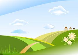 Beautiful landscape of the colorful fields with flowers and houses, under the cloudy sky, on clipart