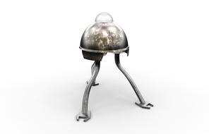 Close-up of a metal robot, on the white surface