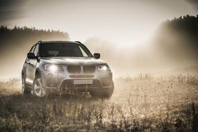 Beautiful, shiny "BMW X3" car, on the field, among the trees, in light