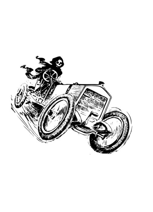 death reaper on a car as a black and white illustration