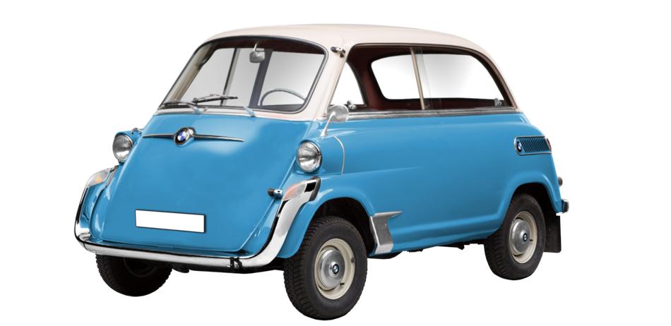 Retro, shiny, blue and white BMW 600 car, at white background