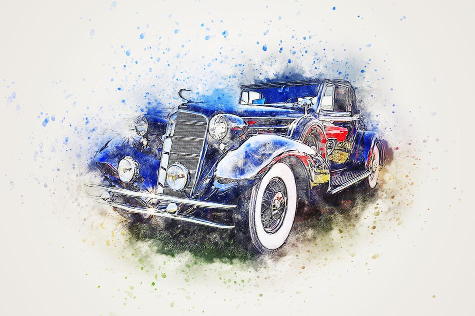 Beautiful painting of the colorful, vintage car, with the paint splatter, clipart