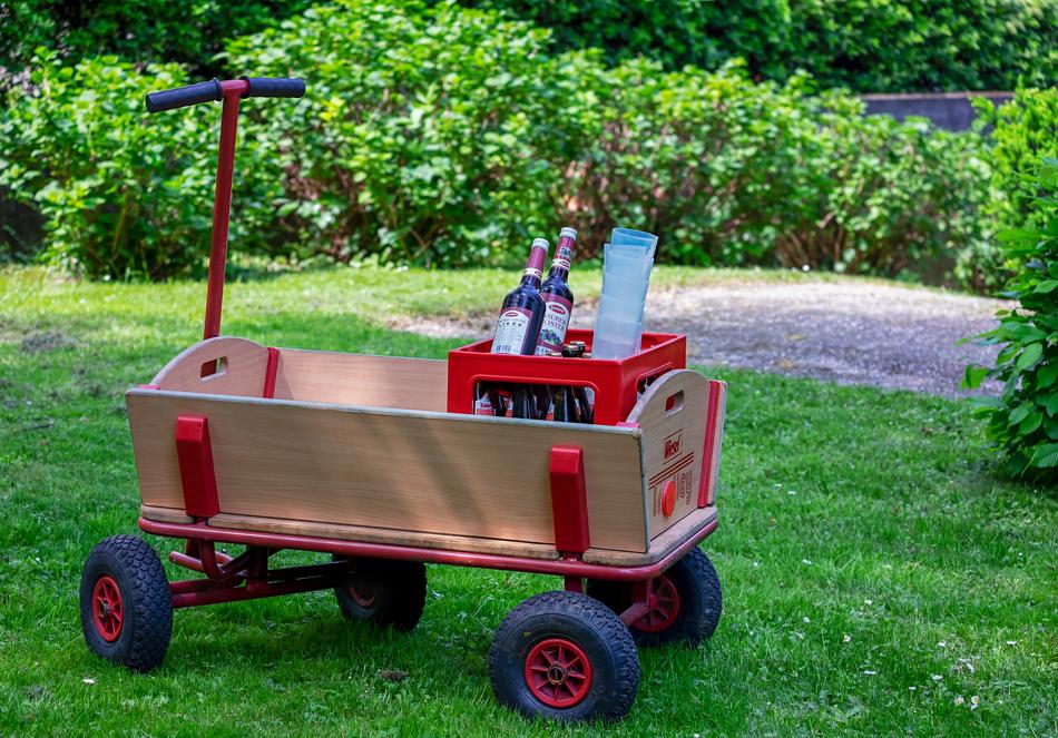 wooden cart on green grass in the park