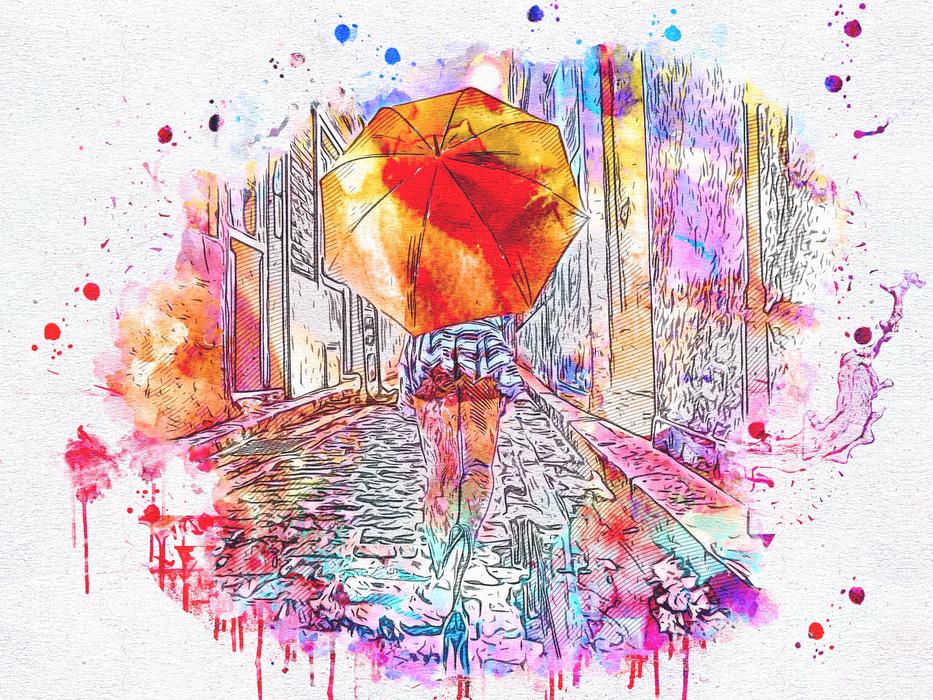 watercolor picture of a girl with an umbrella