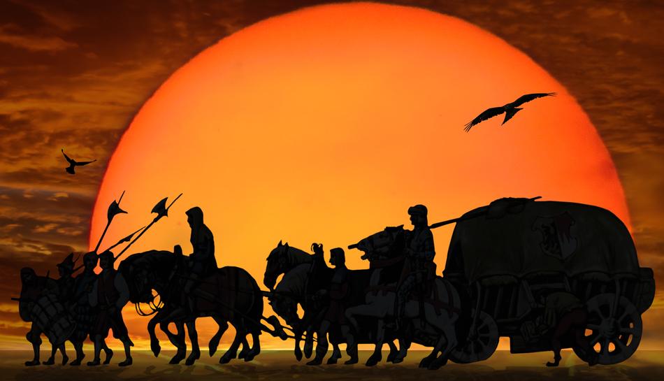 silhouettes of medieval merchants at sunset as an illustration