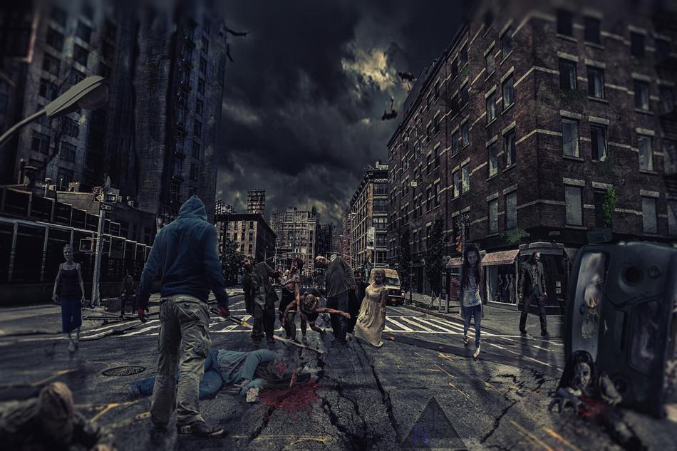 zombies in scary city at night, digital art