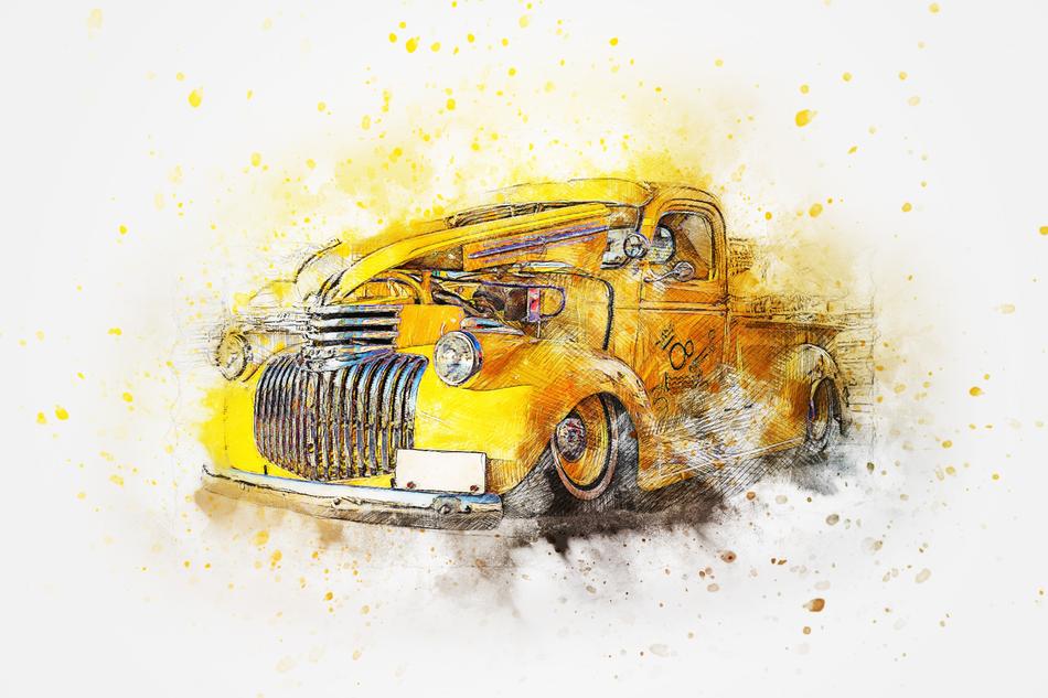 Beautiful, watercolor drawing of the yellow, retro car, at white background, on clipart