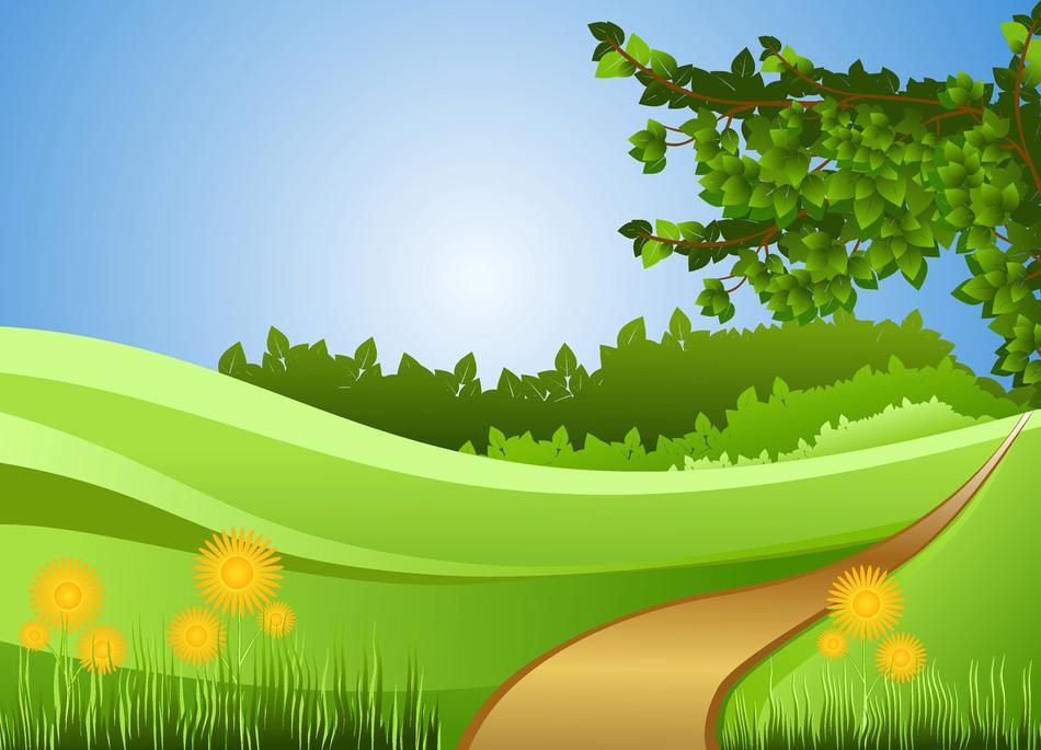 Beautiful and colorful clipart with the winding path, among the green plants and yellow flowers, at blue sky with sunlight on background