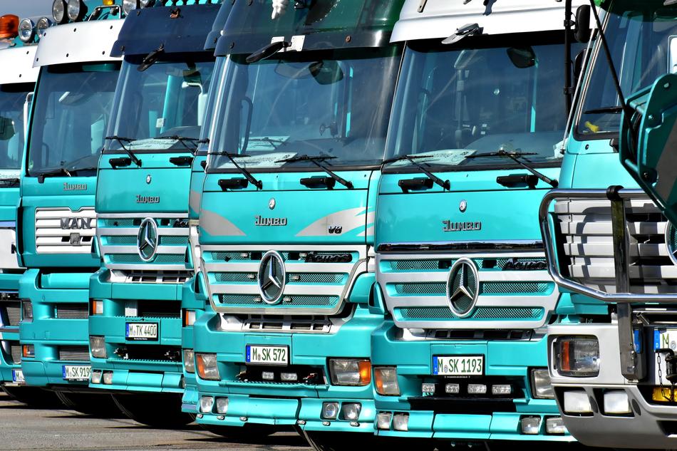 Mercedes trucks with turquoise cabins