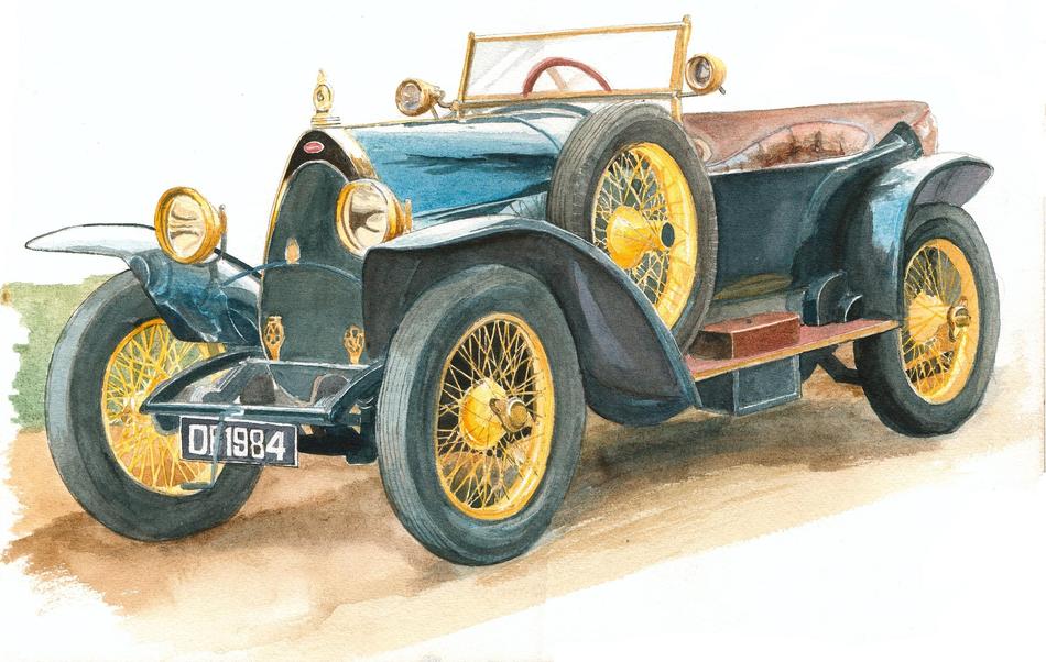 watercolour drawing of bugatti vetaren car