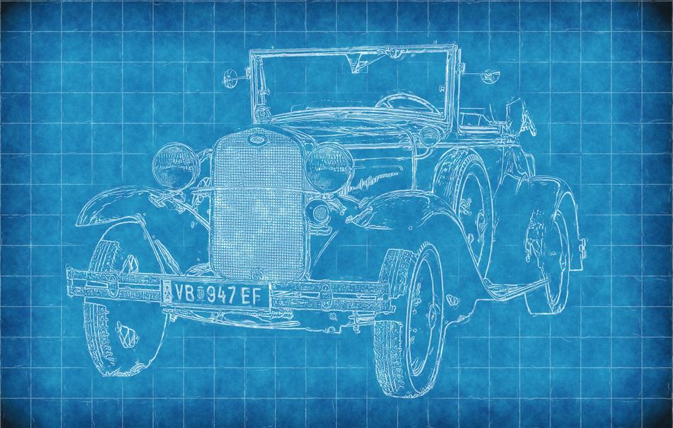 White and blue retro car drawing