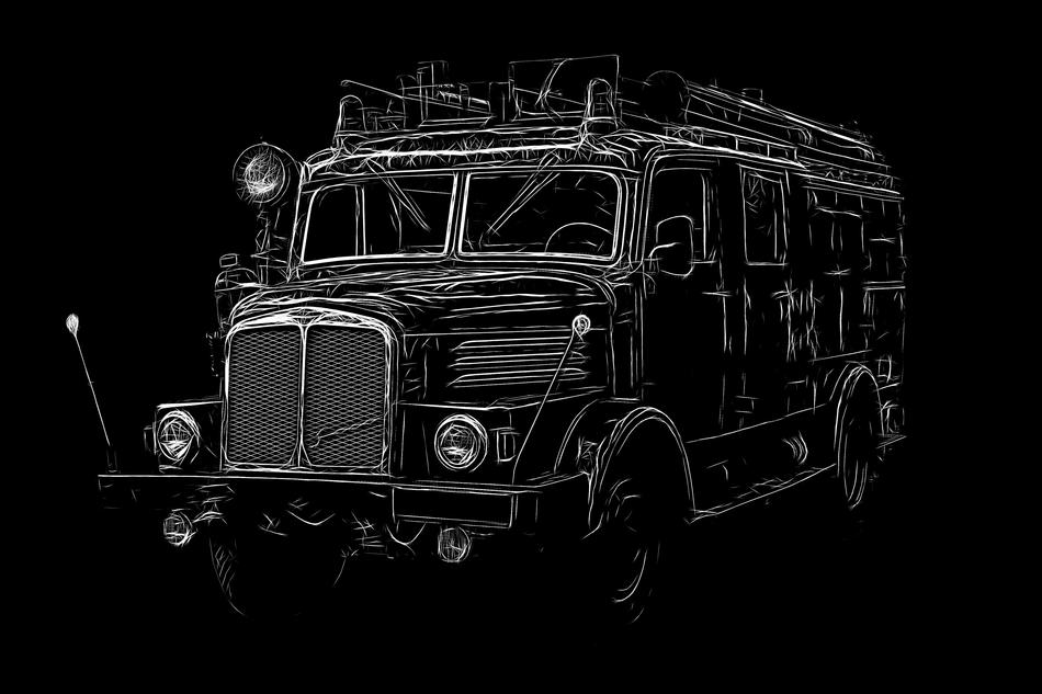 Black and white graphic drawing of the firetruck, at black background, clipart