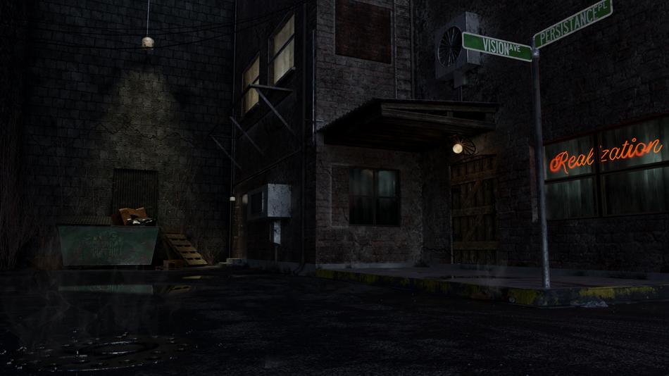 realization signboard on grunge Street at night, 3d render